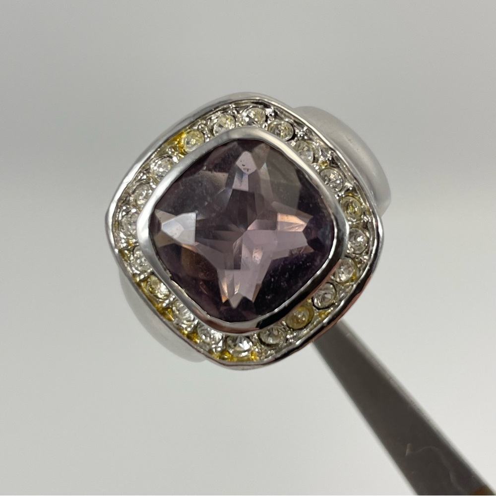 Bold Chunky Statement Ring Silver Ton Purple Cushion Cut Glass Halo Sz 7.5